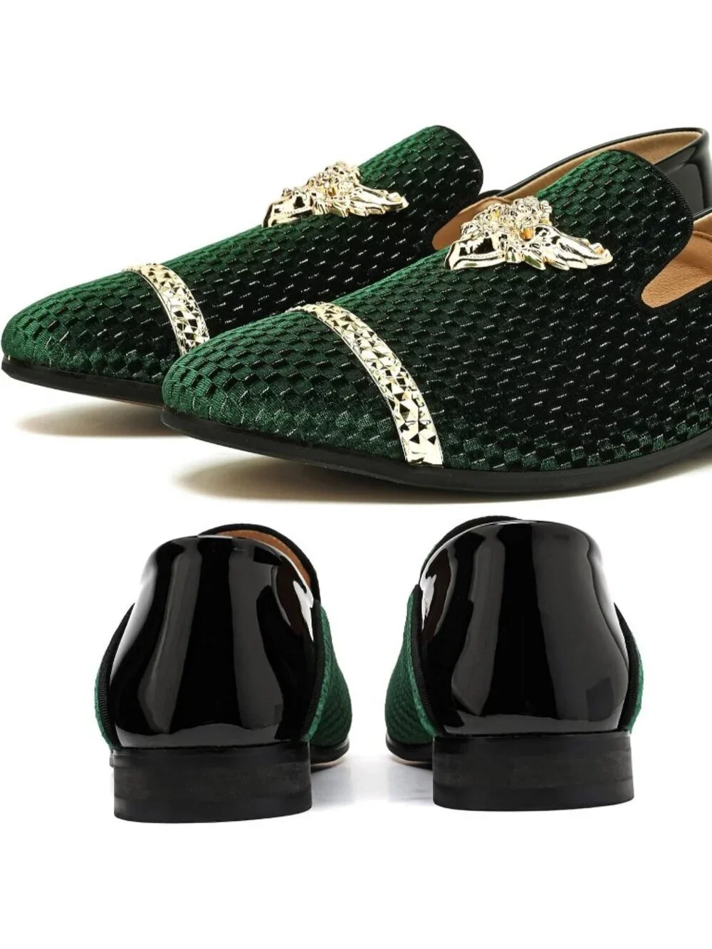 FQEQNQG Men's Green Velvet Loafers Metal Buckle Shiny Slip On Classic Shoes